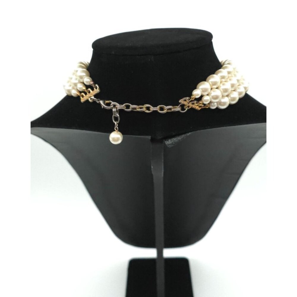 Elegant Multi Strand Cream Pearl Choker Necklace With Rhinestone Spacers - Picture 6 of 6